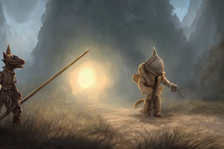 Image similar to a lone brownish whiteish kobold traveling the long dirt road carrying a bindle stick, d & d, fantasy setting, character concept art, 4 k, digital art