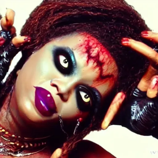 Image similar to Beyonce dancing thriller in zombie make up, realistic, music clip, good quality, horror, detailed