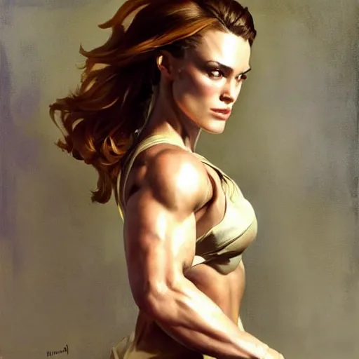 Image similar to greg manchess portrait painting of confident keira knightley as beautiful thick female bodybuilder zarya from overwatch, medium shot, asymmetrical, profile picture, organic painting, sunny day, matte painting, bold shapes, hard edges, street art, trending on artstation, by huang guangjian and gil elvgren and sachin teng