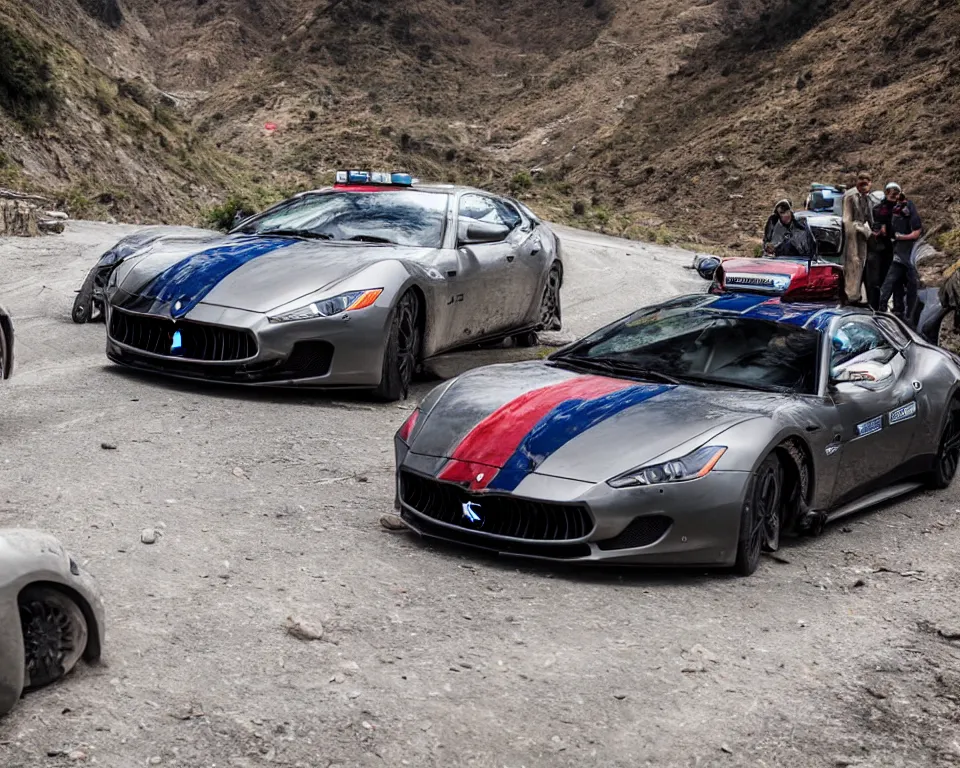 Image similar to maserati drifting in uttrakhand mountains with lamborghini indian police car chasing, cinematic, photography by alexey kurylev, rishikesh, movie, ultra detailed