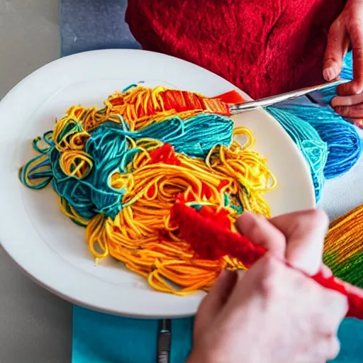 Prompt: italian chef cooking a plate of colorful yarn like spaghetti