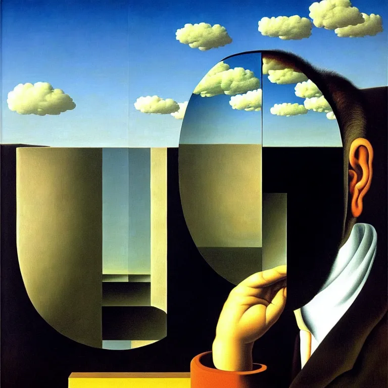 Prompt: a man looks into his own reflection and sees nothing, by rene magritte and salvador dali, surreal, oil on canvas, hyper detailed, vivid