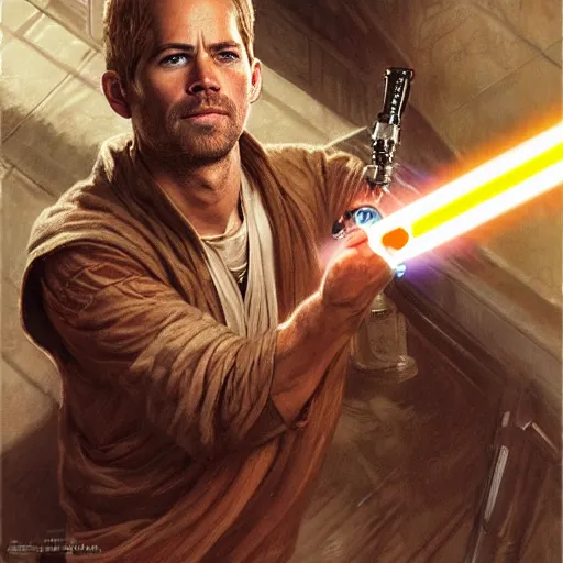 Prompt: Paul Walker as a jedi with lightsaber by Stanley Artgerm Lau, greg rutkowski, thomas kindkade, alphonse mucha, loish, norman Rockwel