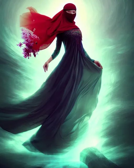 Prompt: beautiful arab woman in niqab, floating in mid - air, long flowing fabric, haunting, dancer, flowers, rain, lightning, storm, digital painting, illustration by raymond swanland and artgerm and mina petrovic and timothy kong and marina federovna, volumetric lighting, artstation