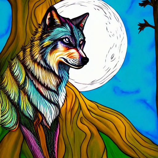 Prompt: psychedelic wolf balancing moon on nose vivid colors aesthetic deviantart very detailed white bark on bare trees hilltop