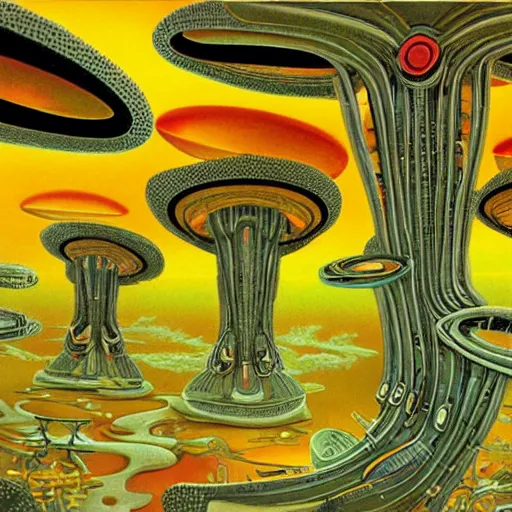 Prompt: organic structures from the cavities of an arcology located on an alien world where the flora is yellow and the skies and red, robert mcrall combined with salvador dali graphical style