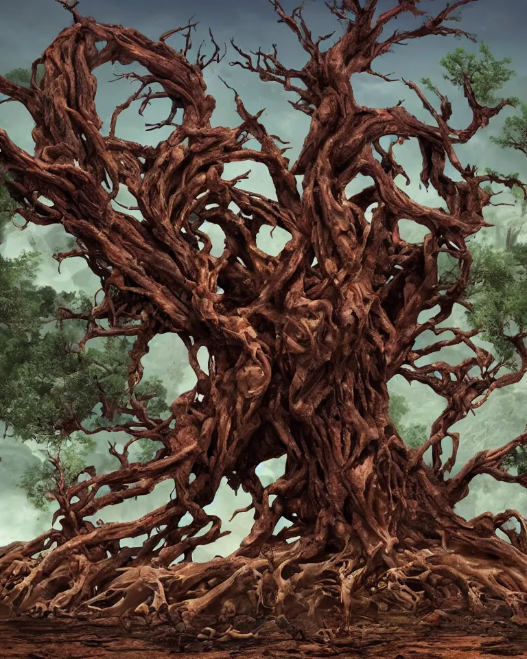 Prompt: A giant mythical wretched tree made of human flesh, limbs and bones growing in the middle of a desert canyon filled with dangerous creatures.