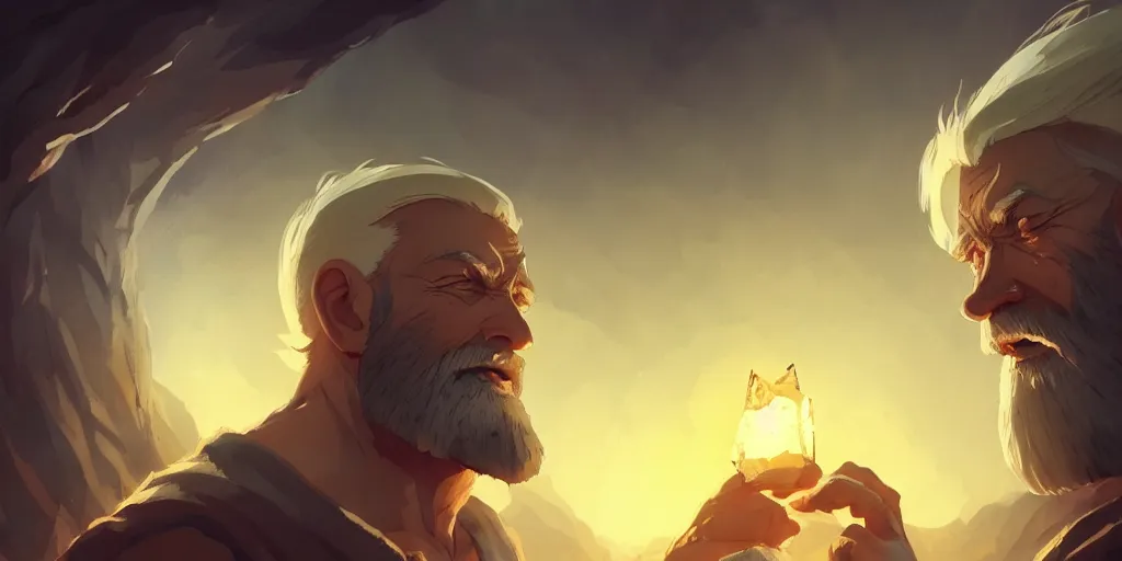 Prompt: Muscular old man with blond hair and beard inside a amber stasis crystal. In style of Greg Rutkowski, Jesper Ejsing, Makoto Shinkai, trending on ArtStation, fantasy, great composition, concept art, highly detailed, scenery, 8K, Behance.