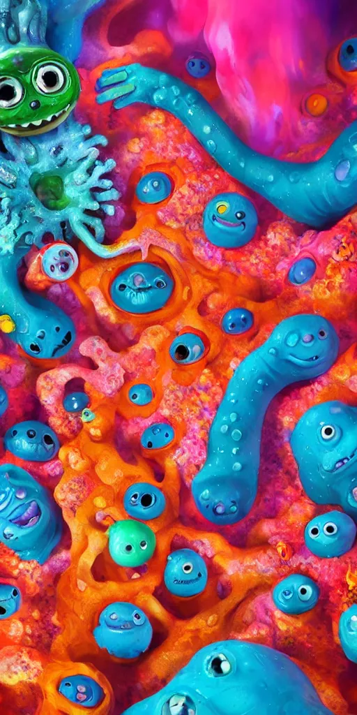 Image similar to of a colorful under water cave with strange cute friendly happy creatures with huge eyes, mouth, long tongue and round teeth appearing from sandy coral, in the style of gehry and gaudi, macro lens, shallow depth of field, ultra detailed, digital painting, trending artstation, concept art, illustration, cinematic lighting, photorealism, epic, octane render