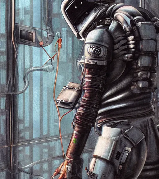 Image similar to realistic cyberpunk japanese engineer with long limbs and a black spacesuit welding a wall, techwear, dead space, visible face, Industrial Scifi, detailed illustration, character portrait, by Martin Grip and Moebius