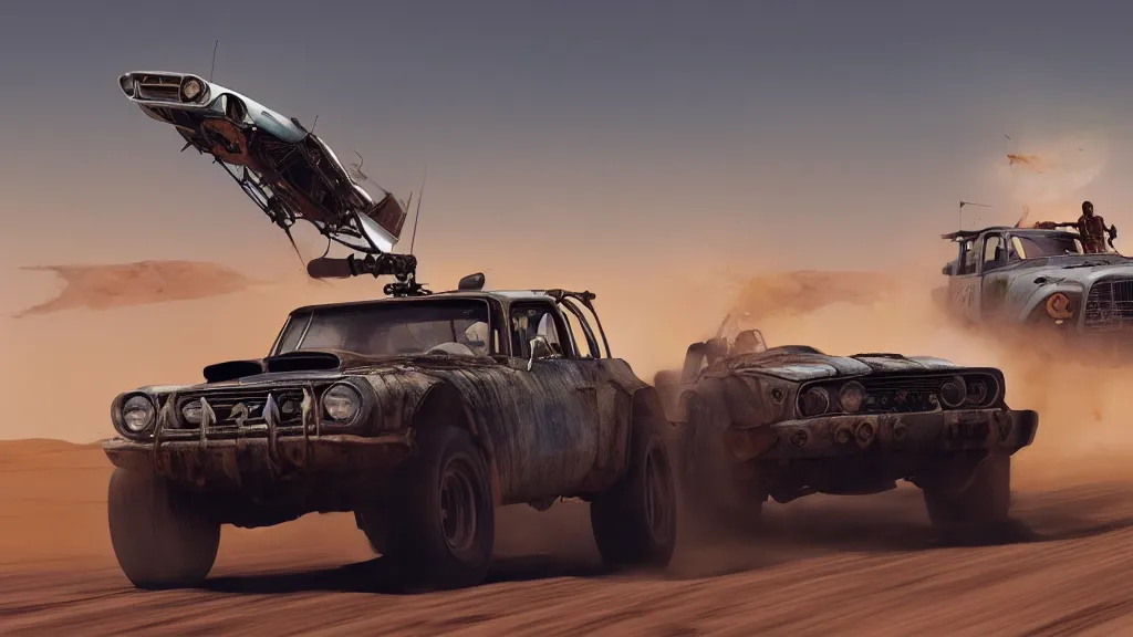 Image similar to illustration of mad max's fj 4 0 pursuit special, the last v 8 interceptor driving down to the gates of valhalla highway, fury road, eternal shiny and chrome, world of fire and blood, by makoto shinkai, ilya kuvshinov, lois van baarle, rossdraws, basquiat, studio ghibli, global illumination ray tracing hdr