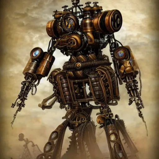 Prompt: steampunk mech. atmospheric. realistic