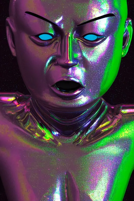 Image similar to 3d render of holographic angry human robotic screaming angry bust made of glossy iridescent, screaming, bust, surrealistic 3d illustration of a human non-binary, non binary model, 3d model human, cryengine, made of holographic texture, holographic material, holographic rainbow, concept of cyborg and artificial intelligence