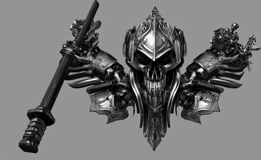 Image similar to a black and silver sword skull crest, orthographic, ornament, weapon, a 2 d render by dom qwek, front side, concept art, trending on polycount, artstation, hard surface modeling, rendered in maya, zbrush, hd, vray, blizzard, symmetry