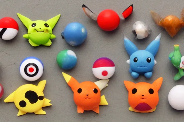 Prompt: cute pokemons representing fundamental particles, made of FIMO