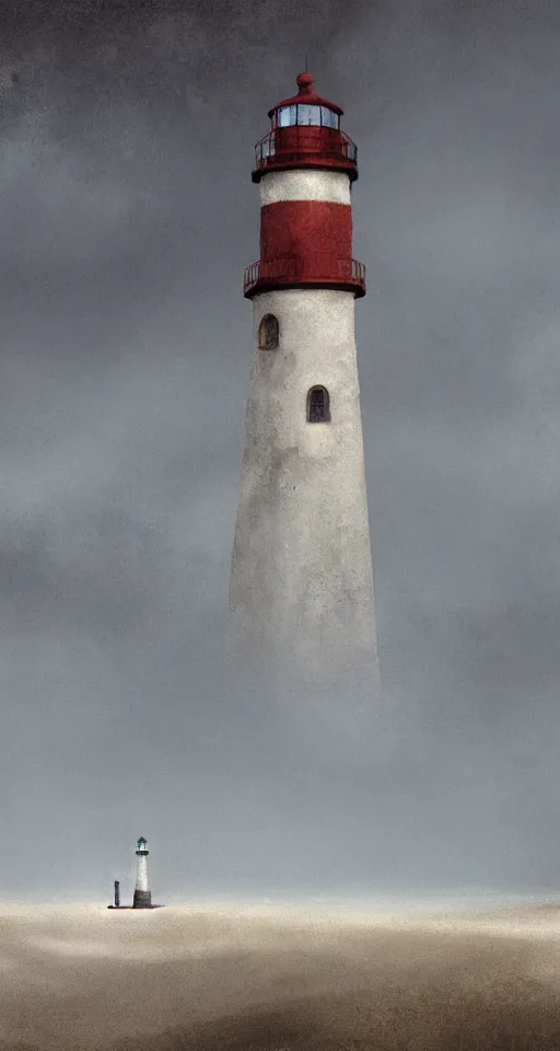 Image similar to wide - shot of lighthouse on the sand seashore, misty background, from the game pathologic 2, highly detailed, sharp focus, matte painting, by isaac levitan and asher brown durand,