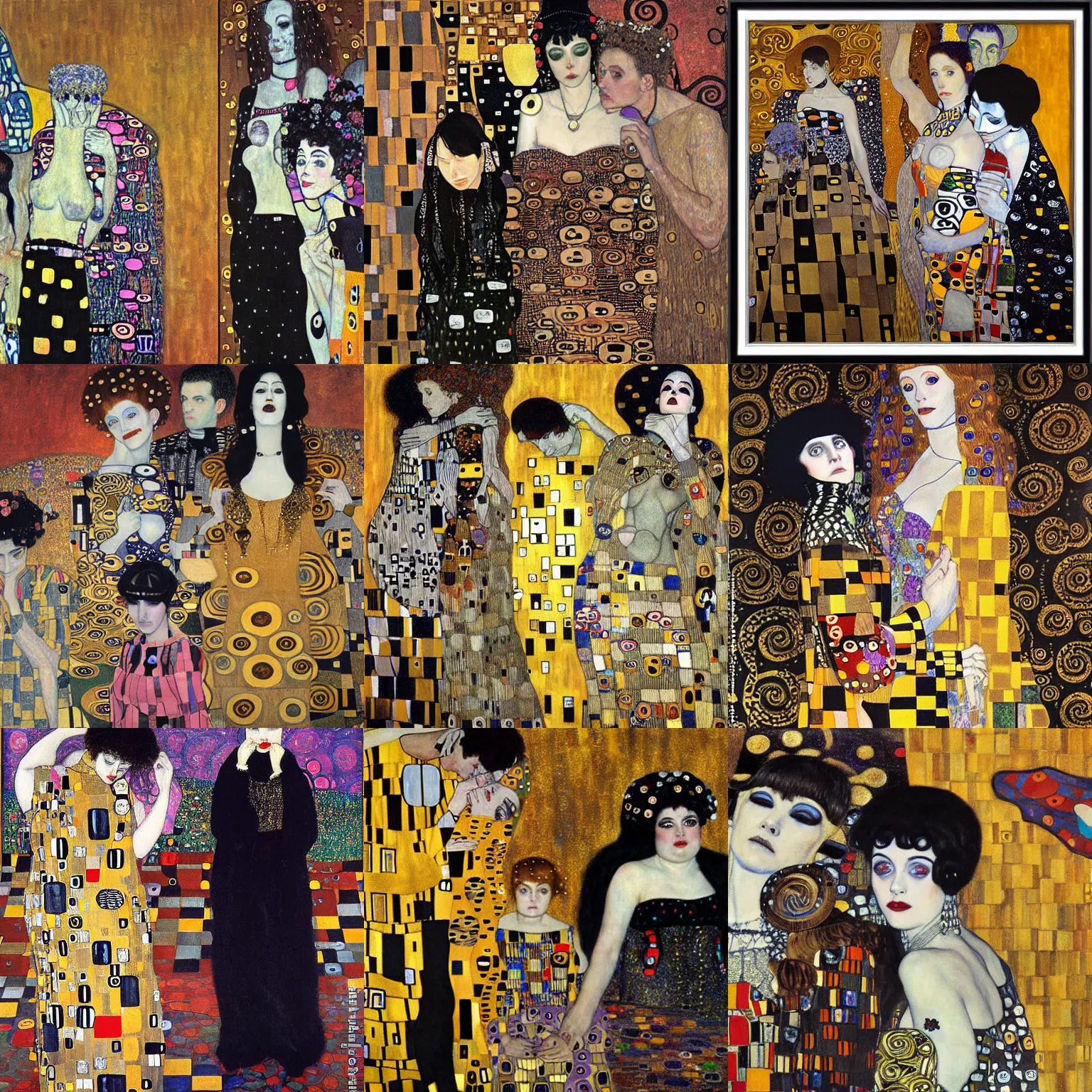 Prompt: A painting by Gustav Klimt. Some goths hanging out at a Hot Topic store in the mall