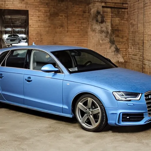 Prompt: Denim Blue Audi A4 B6 in the Backrooms, liminal space, eerie, creepy