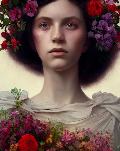 Image similar to portrait of a young swedish girl, 2 0 years old, surrounded by flowers by karol bak, james jean, tom bagshaw, rococo, sharp focus, trending on artstation, cinematic lighting, hyper realism, octane render, 8 k, hyper detailed.