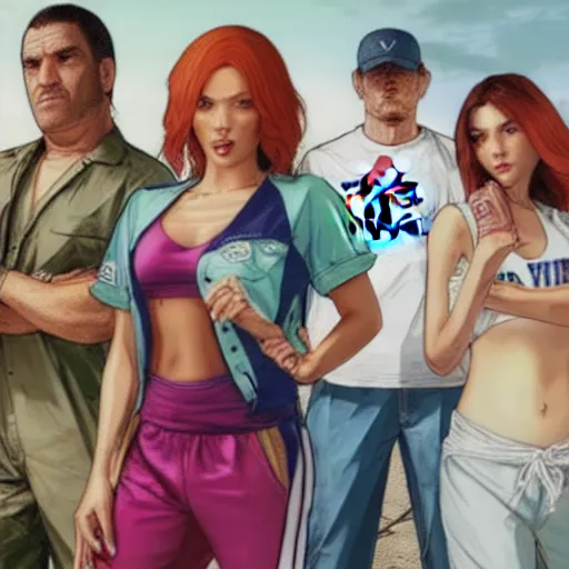 Prompt: A GTA 5 game loading screen featuring A Pterodactyl, La Llorona, a redhead Waifu, CHAPPIE in an Adidas track suit, and a TVR Sagaris
