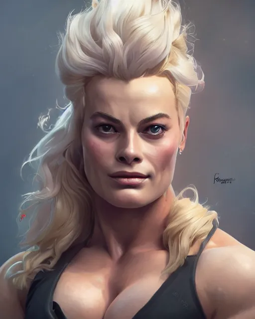 Image similar to full figure ultra realistic illustration, margot robbie as thick female bodybuilder witch zarya from overwatch smiling with closed eyes, intricate, elegant, highly detailed, digital painting, artstation, concept art, smooth, sharp focus, illustration, art by artgerm and greg rutkowski and alphonse mucha