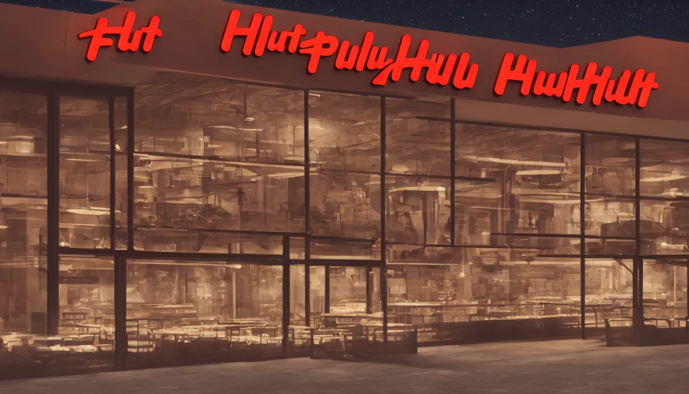 Image similar to futuristic Pizza Hut at night, view from outside, photorealistic