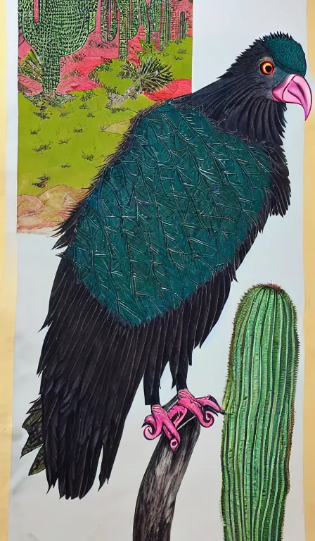 Prompt: big turkey vulture sitting on cactus Shen Quan, hanging scroll, ink and colours on silk