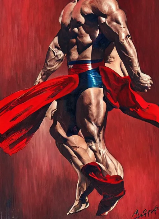 Image similar to symmetry! portrait of crossfit bodybuilder sprinter superman, red spike aura in motion, red and black costume, painted art by tsuyoshi nagano, greg rutkowski, artgerm, alphonse mucha, spike painting