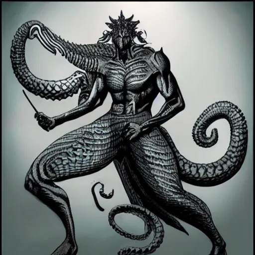 Image similar to a male naga, serpent body, kentaro miura art style