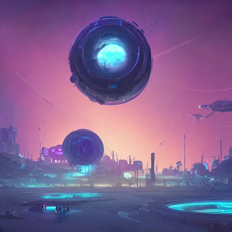 Prompt: a circle portal structure floating in outer - space, cyberpunk, epic surrealism, indigo, purple, cyan, detailed digital matte painting in the style of simon stalenhag and painting by ralph mcquarrie