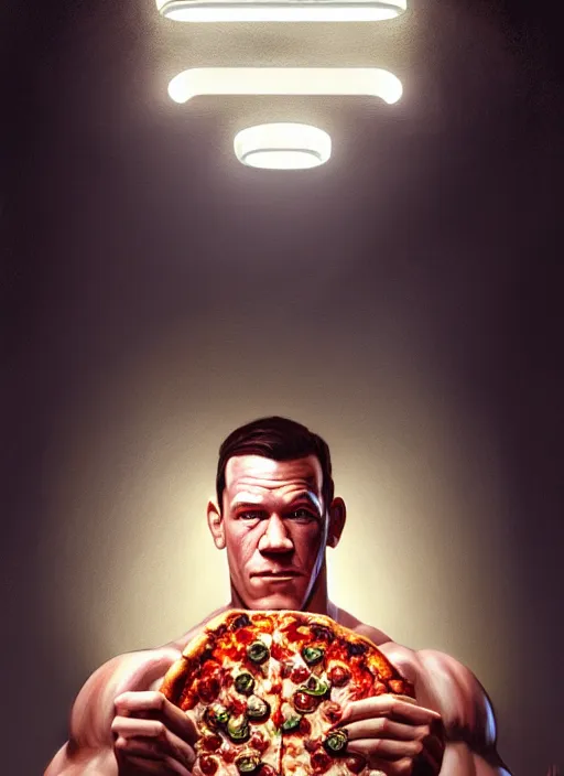 Prompt: portrait of john cena eating pizza, intricate, elegant, glowing lights, highly detailed, digital painting, artstation, concept art, smooth, sharp focus, illustration, art by wlop, mars ravelo and greg rutkowski