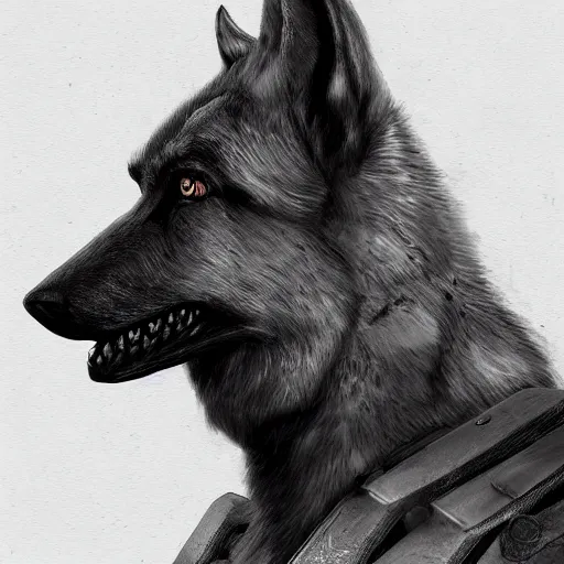 Image similar to a wounded humanoid german shepherd beast - man in military style, his ear has been bitten off, he is healing his wounds, highly detailed portrait, digital painting, artstation, concept art, smooth, sharp foccus ilustration, artstation