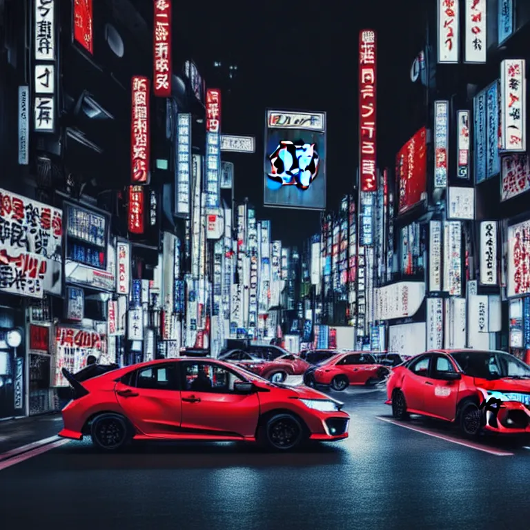 Prompt: a car Honda Civic turbo illegal meeting, detailed-wheels, Shibuya Shibuya, cinematic color, photorealistic, highly detailed, night photography