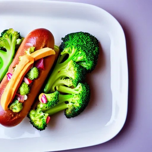 Image similar to photo shoot portrait of a delicious hot dog, broccoli and apple on top, mustard,