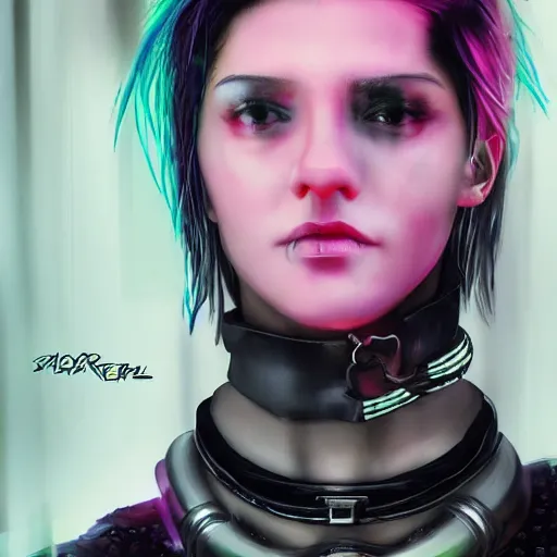 Image similar to detailed realistic cyberpunk female character cyberpunk wearing large steel collar around neck, realistic, art, beautiful, 4K, collar, choker, collar around neck, punk, artstation, detailed, female, woman, choker, cyberpunk, neon, punk, collar, choker, collar around neck, thick collar, choker around neck, wearing choker, wearing collar, bright neon punk hair, collar, choker,