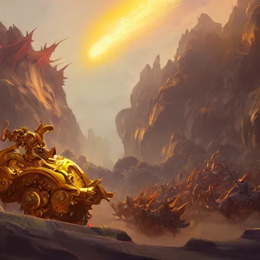 Image similar to a golden battle chariots, yellow magic theme, bright art masterpiece artstation. 8 k, sharp high quality artwork in style of jose daniel cabrera pena and greg rutkowski, concept art by tooth wu, blizzard warcraft artwork, hearthstone card game artwork, cart wheels