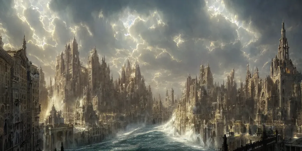 Image similar to beautiful fantasy city made from white stone and bright copper, medieval city, metropolis, magic, waterways, waterfalls, gorgeous clouds, white marble, god rays, digital art, landscape, fantasy art, octane render, ureal engine, high detail, very realistic, by greg rutkowski. by james gurney