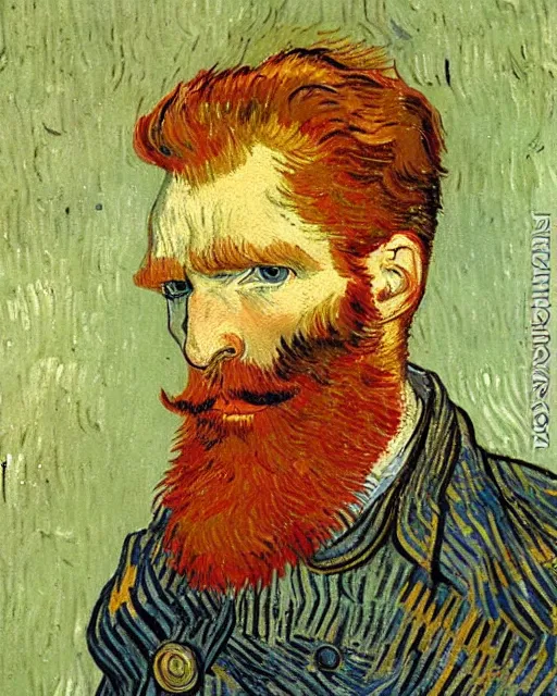 Prompt: An oil painting of a red headed man in his thirties, short beard, trimmed hair, by van gogh, very detailed