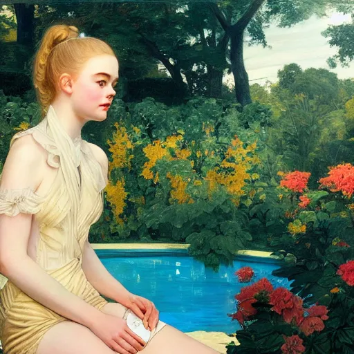 Image similar to Elle Fanning, head and shoulder masterpiece, next to a pool, golden hour, in a garden, artstation, by J. C. Leyendecker and Peter Paul Rubens,