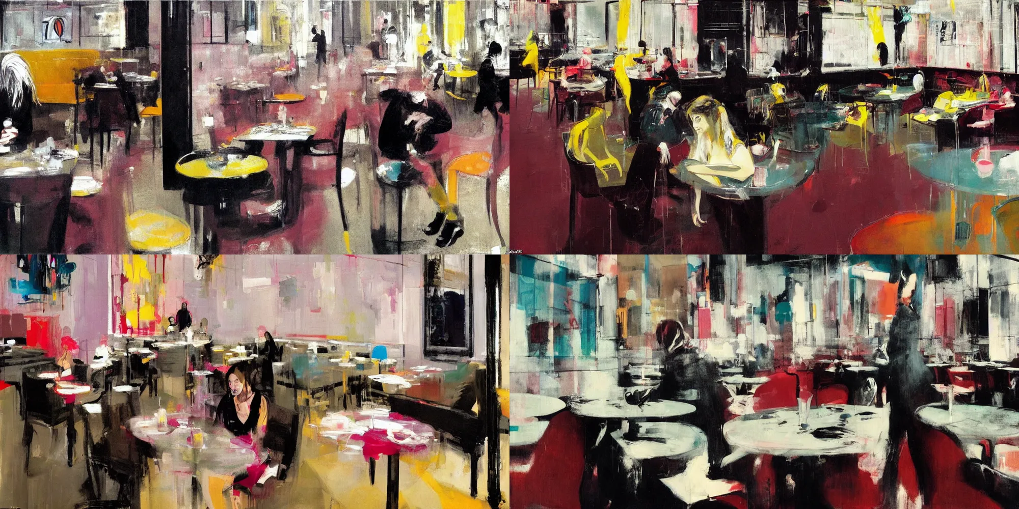 Prompt: a hot college girl spasming in a void cafe full of existential void, painted by Francis Bacon, style of Adrian Ghenie, Brett Amory, Peter Doig