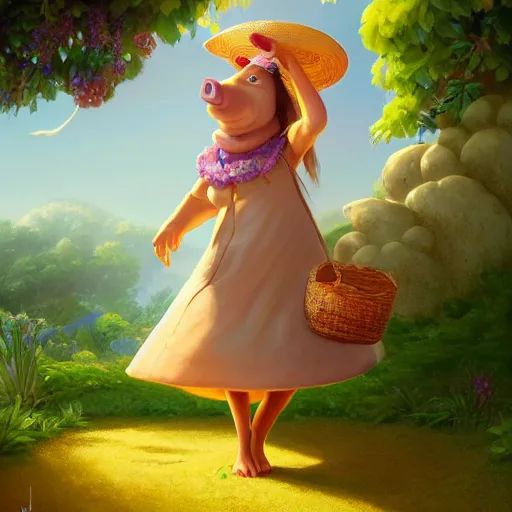 Image similar to an anthropomorphic piggy wearing a sundress and a sunhat, garden, summer, 8k resolution matte fantasy painting, cinematic lighting, DeviantArt, Artstation, Jason Felix Steve Argyle Tyler Jacobson Peter Mohrbacher