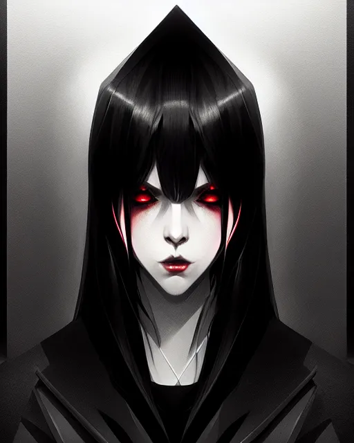 Image similar to sharp hq rendering, dark vampire, character portrait, concept art, painterly, fanart, highly detailed in the style of wlop by ilya kuvshinov, wenjun lin, angular geometric symmetrical design