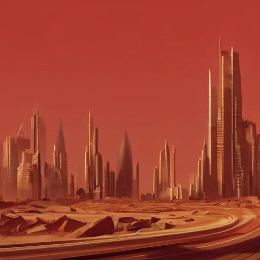 Image similar to in a future city on mars, the sky is a deep red and the buildings are tall and thin. the streets are crowded with people and cars. the air is thin and cold