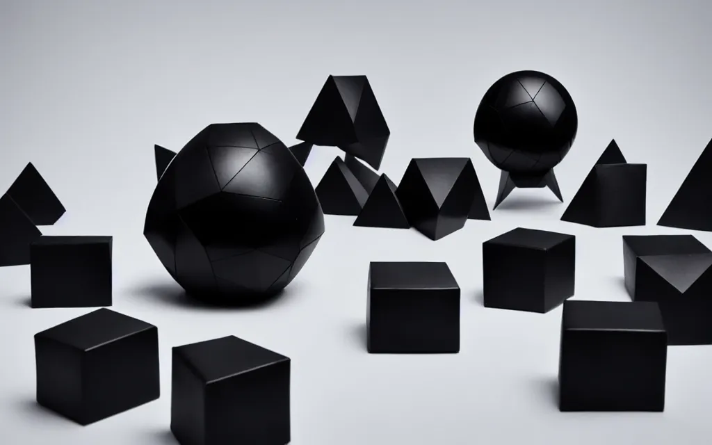 Image similar to a black sphere | a black cube | a black pyramid, on a white background, in a row