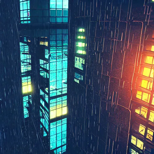 Image similar to 8 k artstation photograph rainy city cracked and crumbling into the ocean with scifi cyberpunk aesthetic hyper realistic aerial view