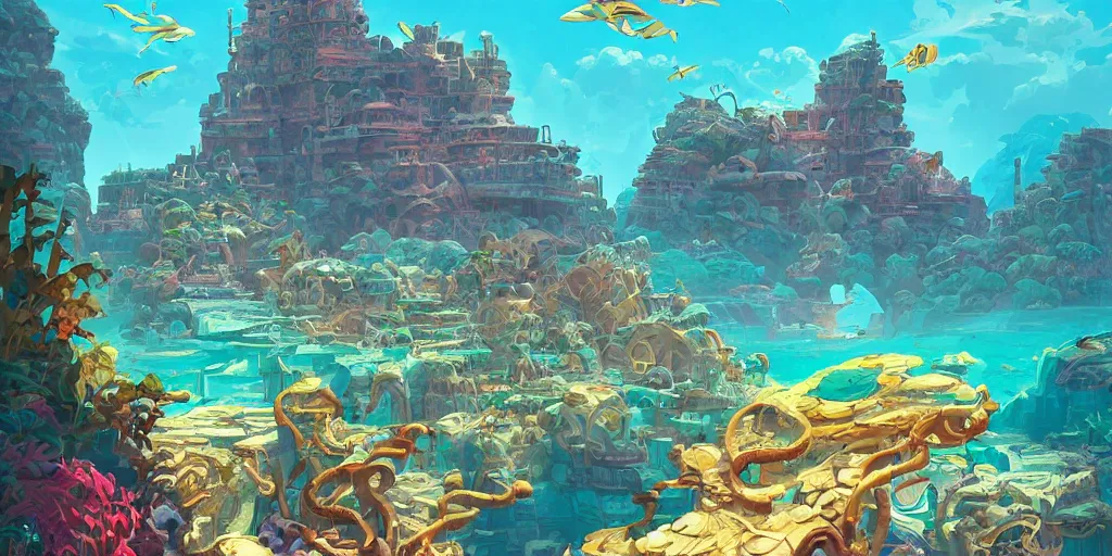 Prompt: sunken city of Atlantis under water, rays of sunlight, stunning grand architecture, fish and sea creatures in background, detailed painterly digital art style by Tom Whalen and Noah Bradley and Alena Aenami and Jeremiah Ketner and Dan Mumford, 8k octane beautifully detailed render, post-processing, extremely hyperdetailed, intricate, epic composition, grim yet sparkling atmosphere, cinematic lighting + masterpiece, trending on artstation, very detailed, vibrant colors, Art Nouveau, volumetric god rays, deep underwater scene, sharp focus, smooth, dizzy, moody, high realistic high detailed painting by Thomas Kinkade and Van Gogh