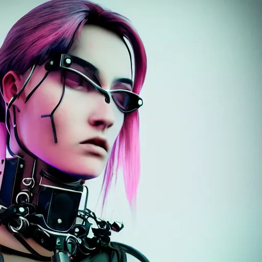 Image similar to detailed realistic cyberpunk female character cyberpunk wearing steel collar around neck, realistic, art, beautiful, 4K, collar, choker, collar around neck, punk, artstation, detailed, female, woman, choker, cyberpunk, neon, punk, collar, choker, collar around neck, thick collar, choker around neck, wearing choker, wearing collar, bright neon punk hair,