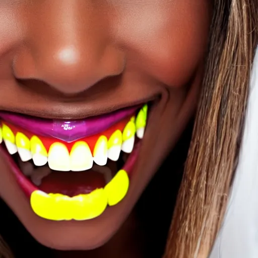 Prompt: A close-up of a smile, with the teeth and gums painted in bright colours.