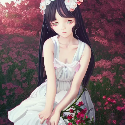 Image similar to little girl with her long black hair dressed in a simple white dress putting flowers on hair, anime art style, digital artwork made by ilya kuvshinov, inspired in balthus, hd, 4 k, hyper detailed