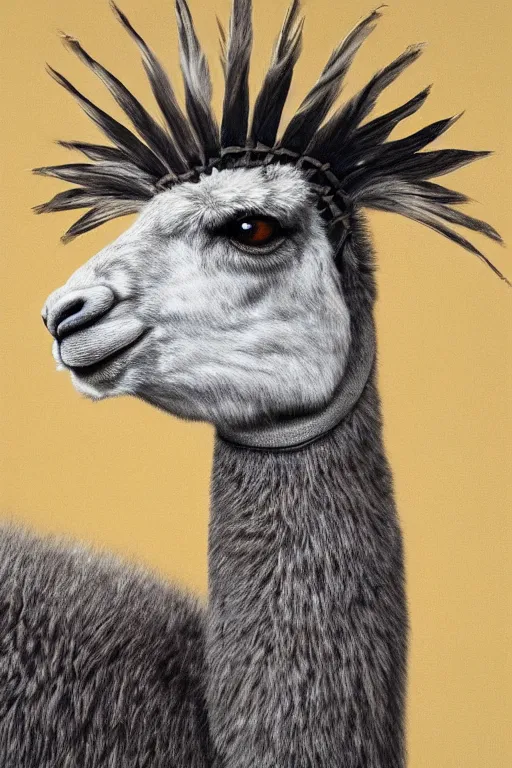 Image similar to hyperrealism close-up portrait llama in War bonnet in style of da Vinci